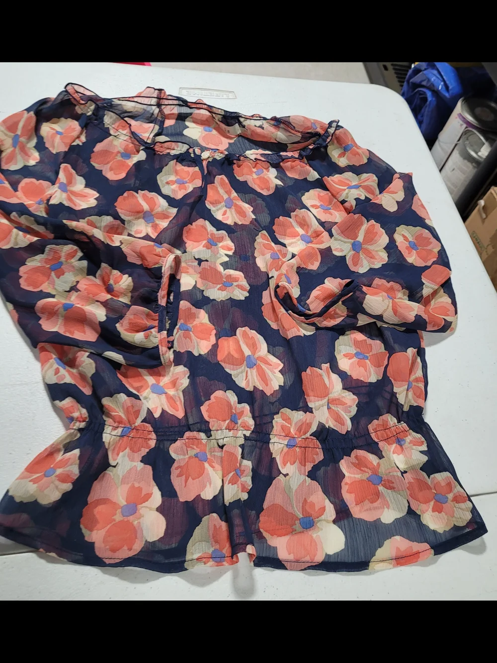 Old Navy Navy Floral Sheer Peplum Blouse with Coral and Cream Flowers